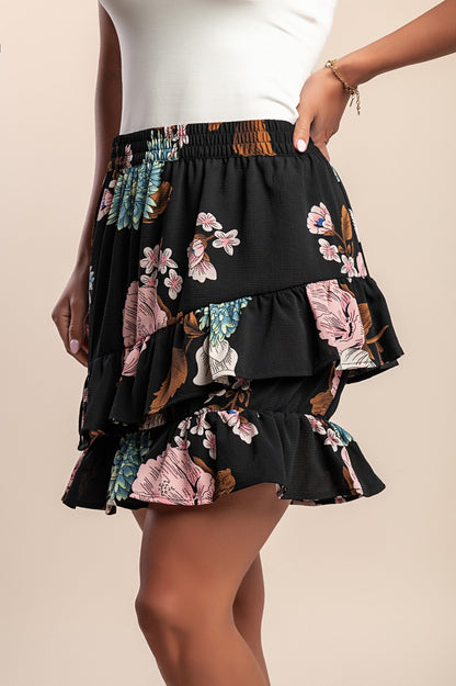 Minigonna con stampa floreale, nera