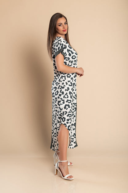 Elegante maxi abito con stampa leopardata, grigio