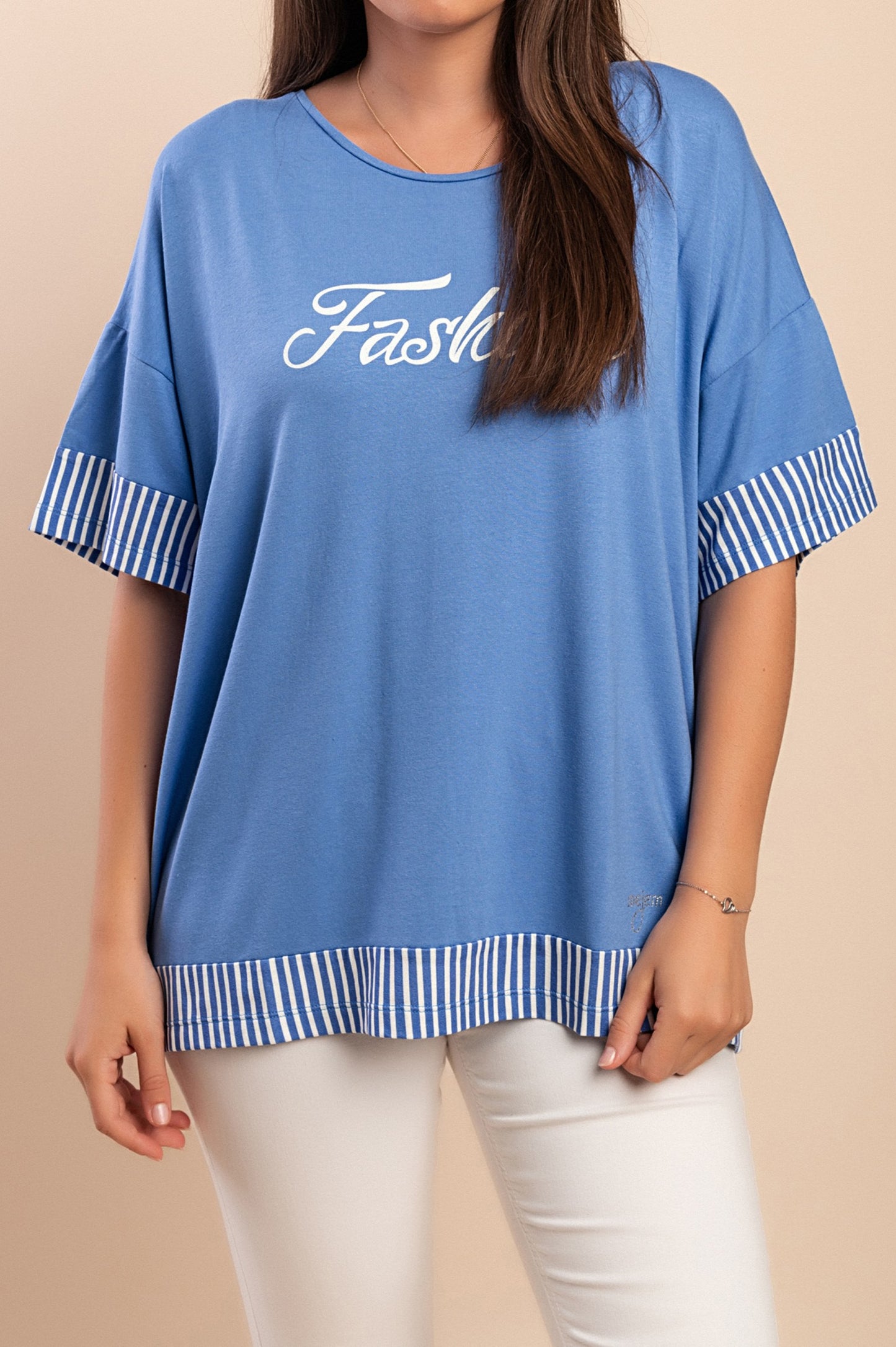 T-shirt con stampa a righe, blu