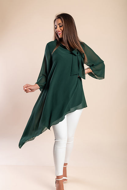 Elegante tunica in tessuto semitrasparente con fiocco decorativo  Ginette, verde scuro