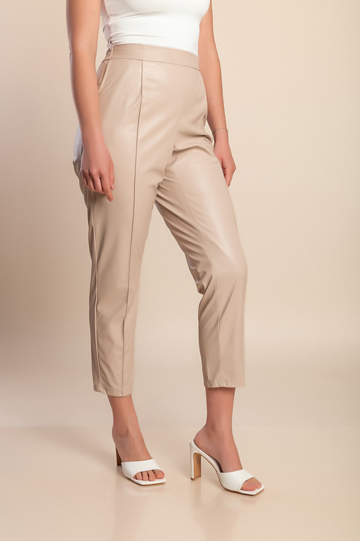 Pantaloni in pelle 7/8 taglie forti, crema