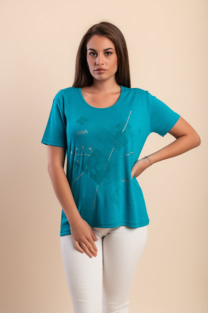 T-shirt in cotone con stampa, turchese