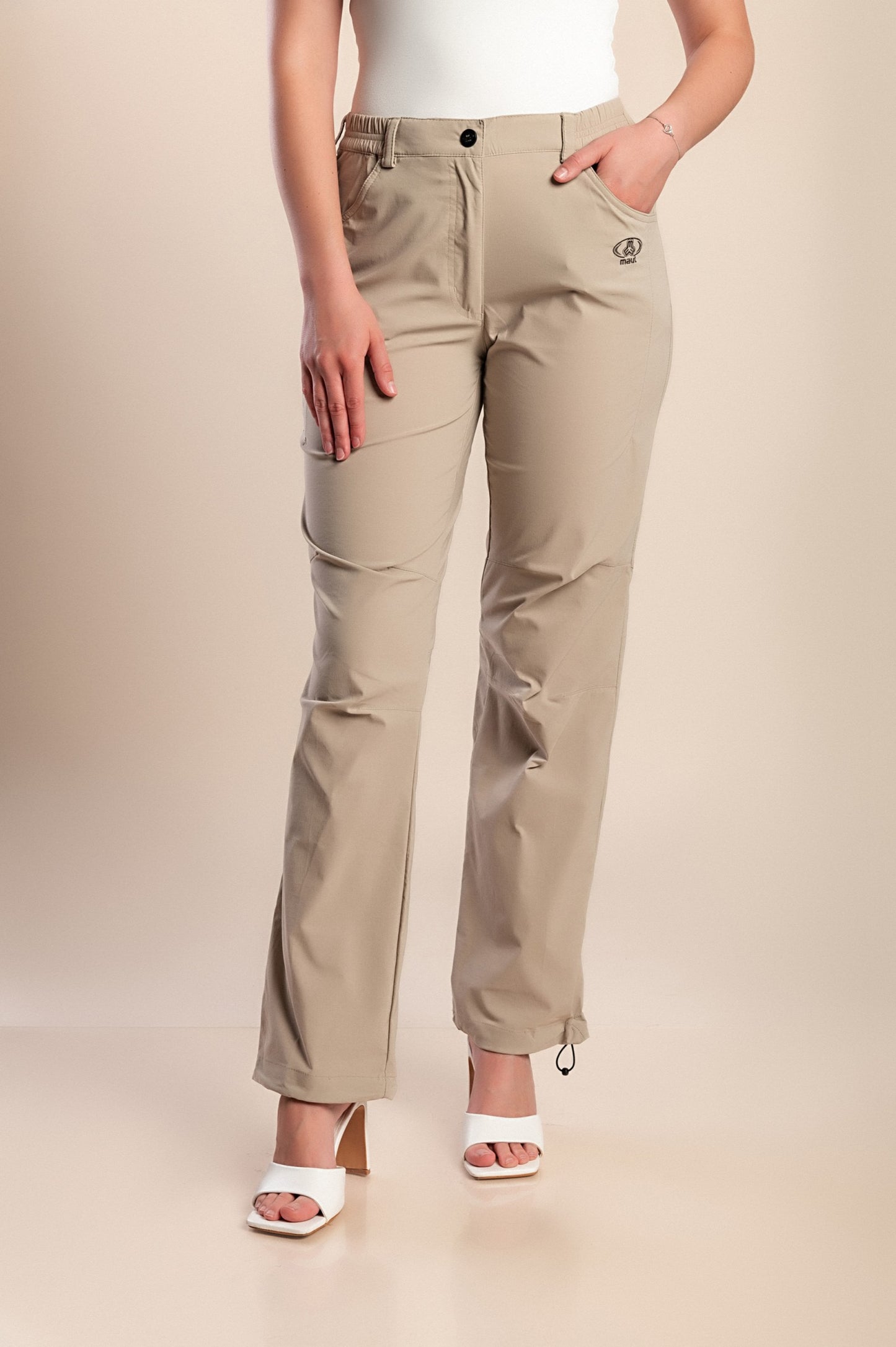 Pantaloni taglie forti con elastico in vita, beige