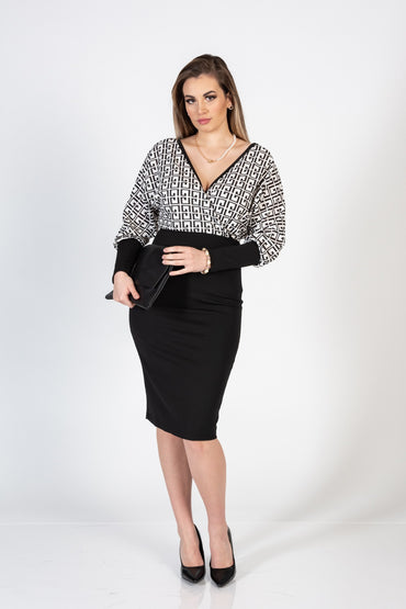 Elegante abito midi con stampa geometrica e scollo incrociato Sonda, nero