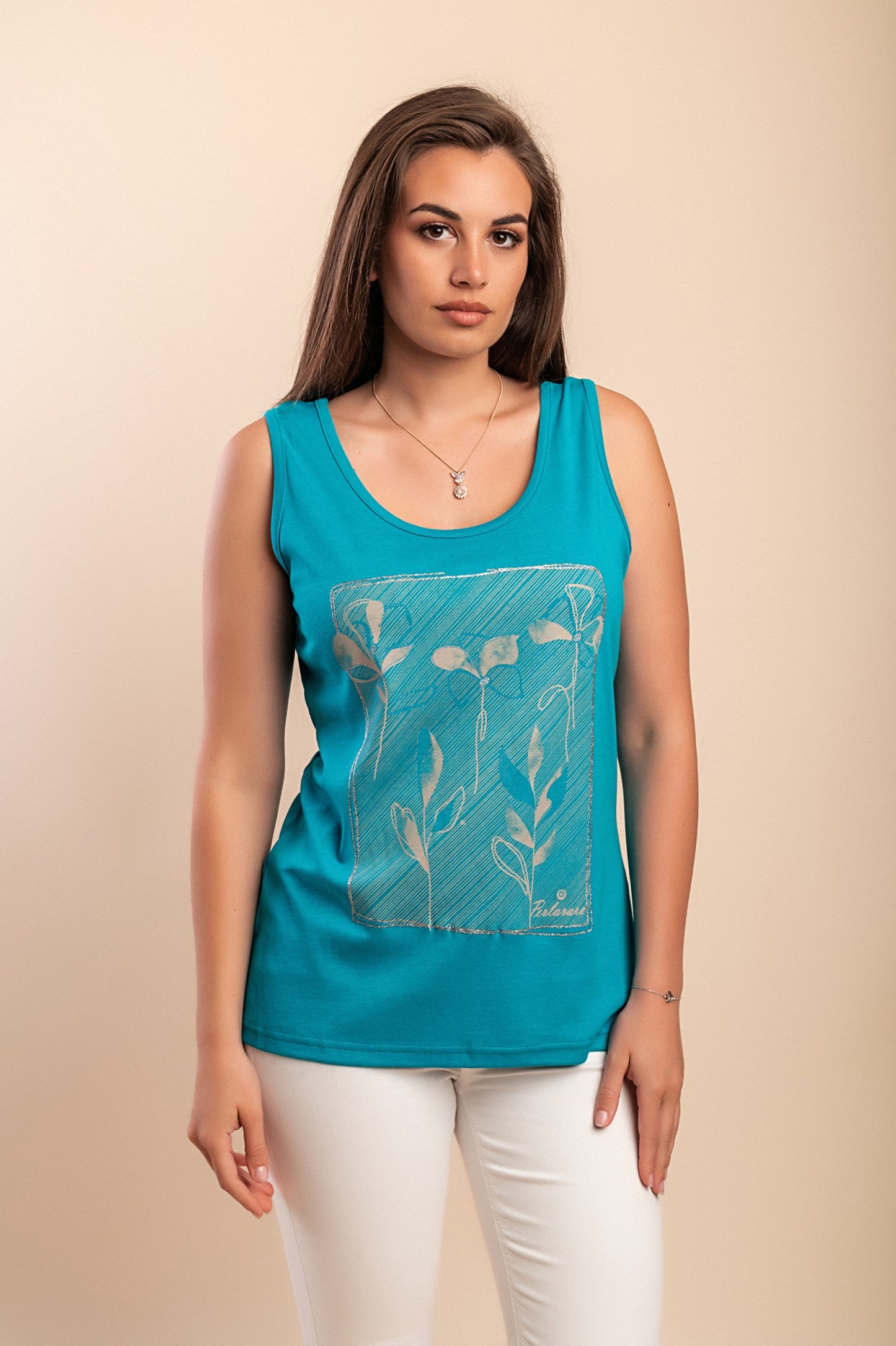 Top in cotone stampato, turchese