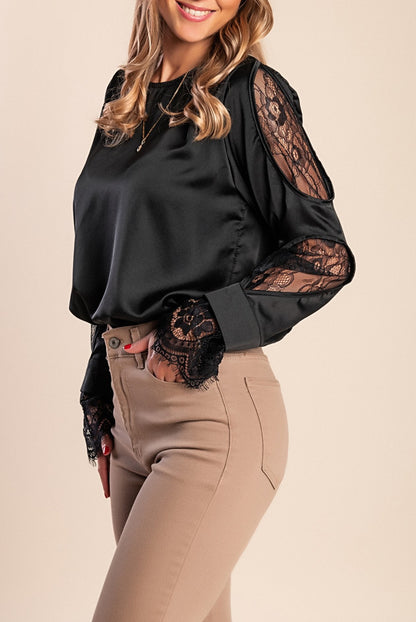 Camicia elegante a maniche lunghe con inserti in pizzo e collo tondo Senternada, nera