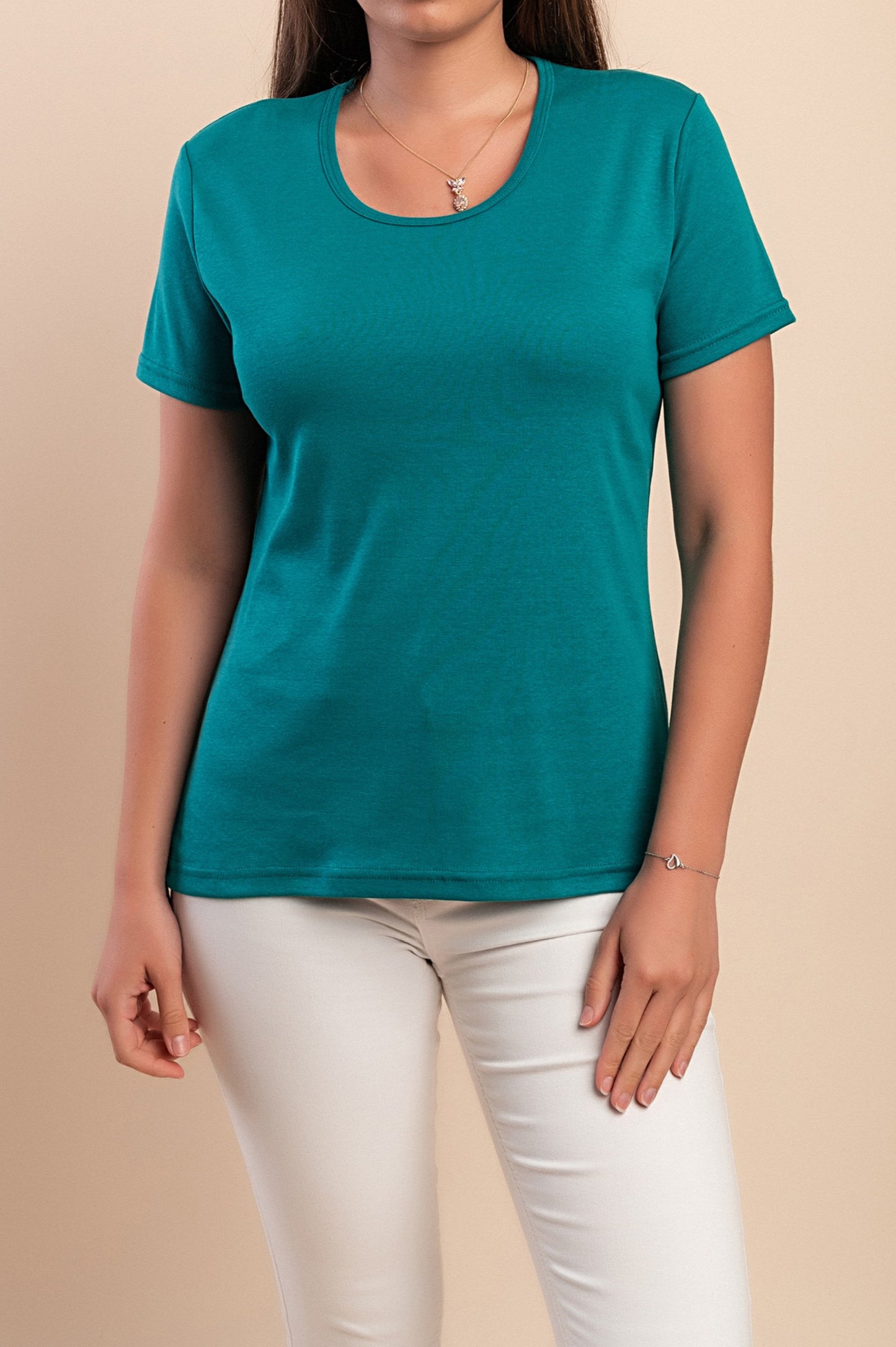 T-shirt in cotone con scollo rotondo, fucsia