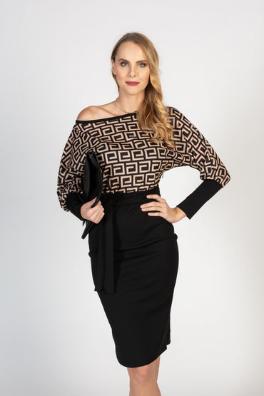 Abito midi elegante con scollo a barca e stampa geometrica Serenna, nero