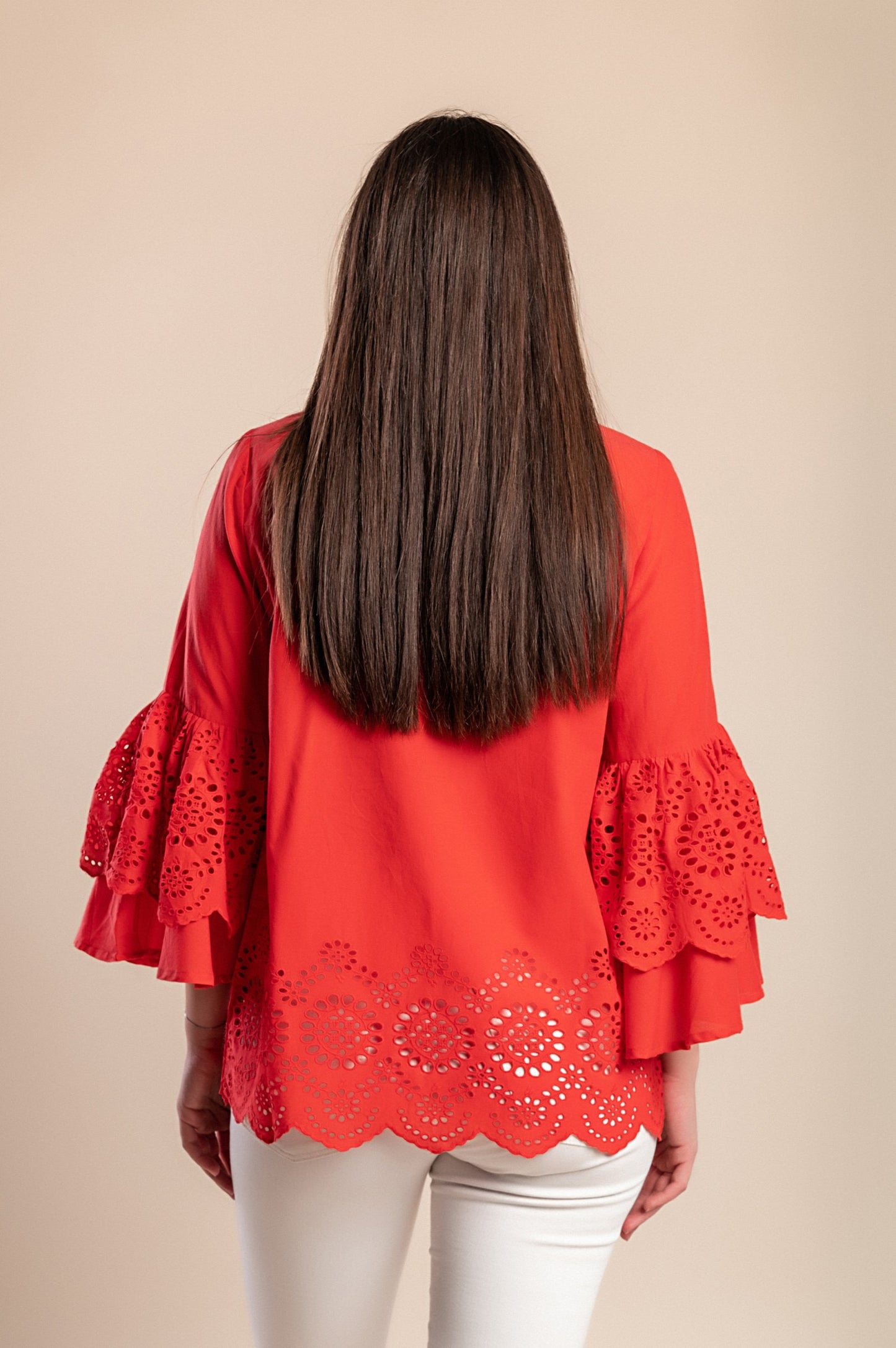 Camicetta in cotone taglie forti con volant, rossa