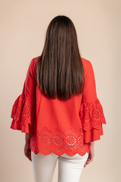 Camicetta in cotone taglie forti con volant, rossa