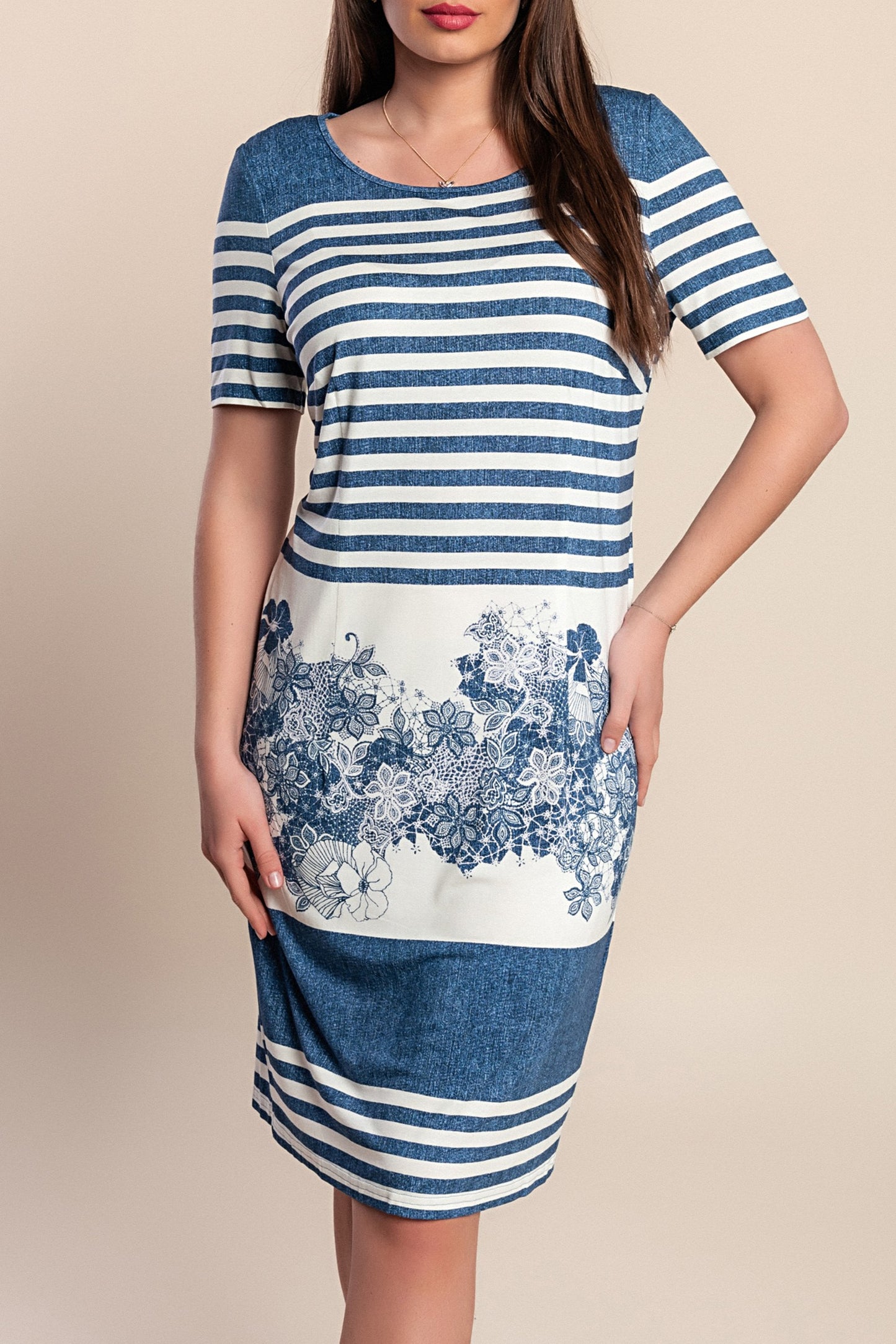 Abito midi taglie forti con stampa, blu