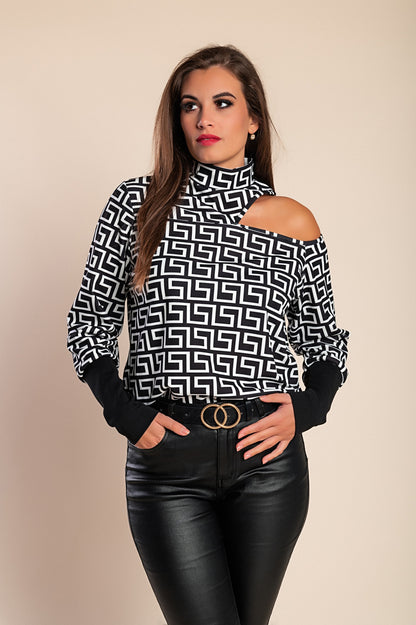 Maglietta elegante con stampa geometrica e scollo alto Venitya, nera