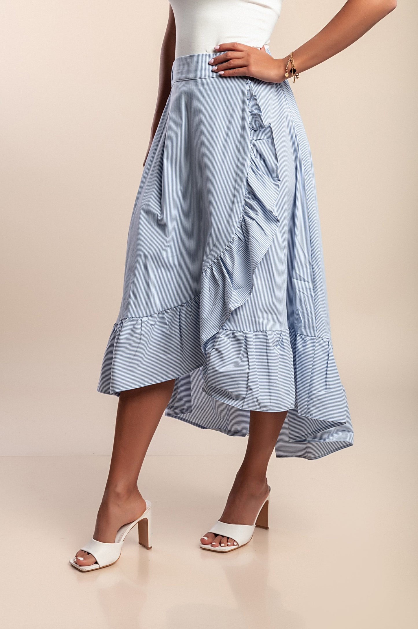 Gonna in cotone con volant, azzurra