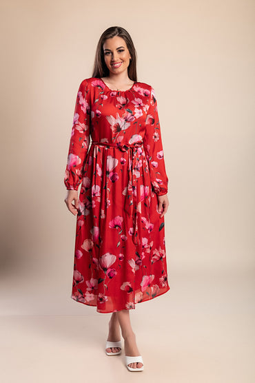 Abito midi con stampa floreale, rosso