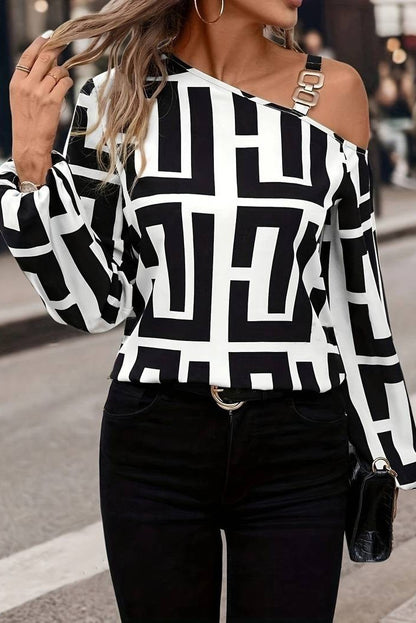 Top con stampa geometrica, nero/bianco