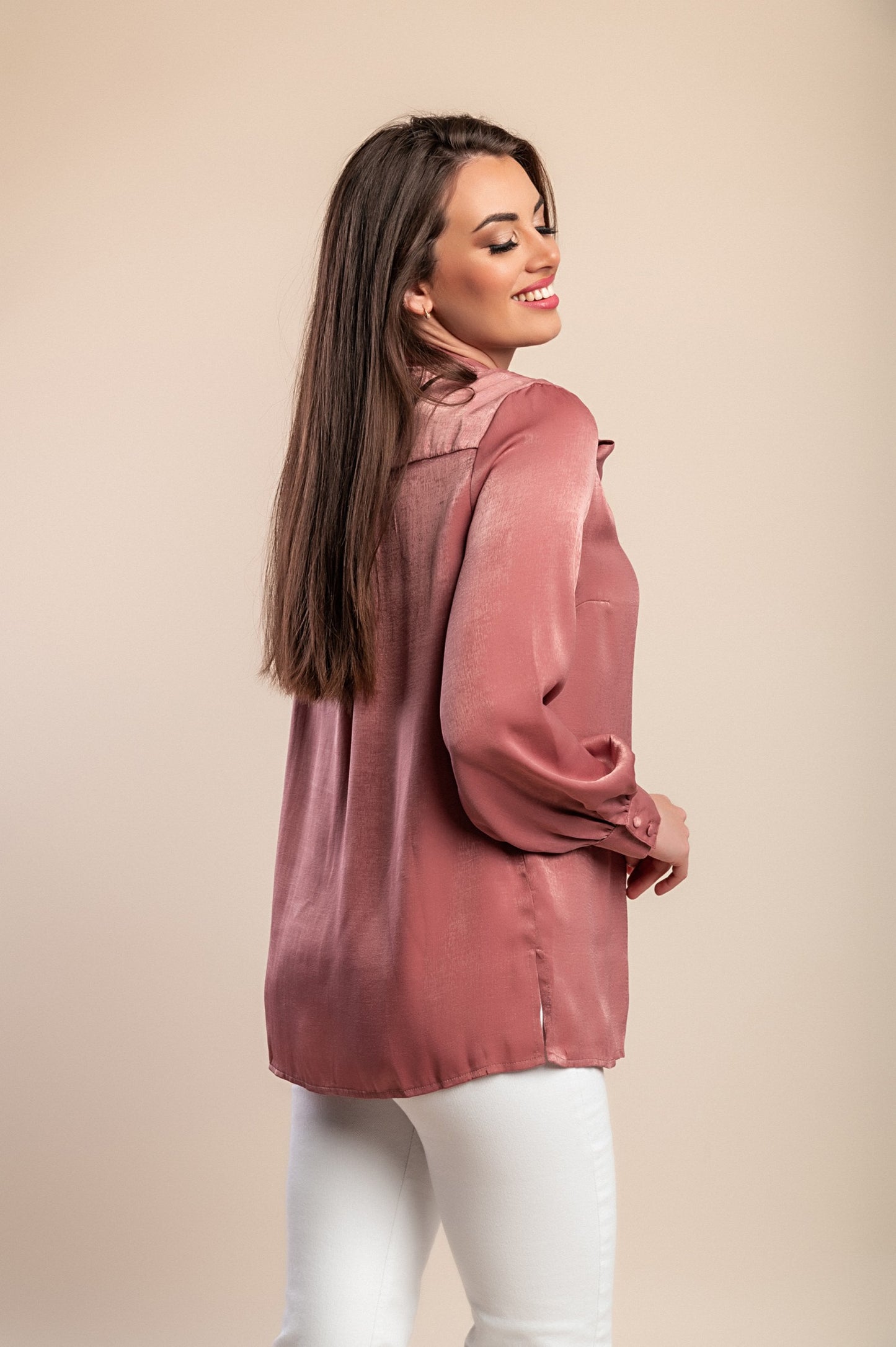 Camicetta taglie forti con fiocco, rosa antico