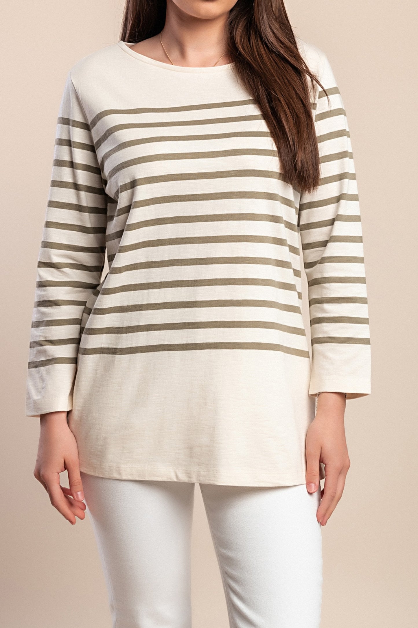 Top in cotone taglie forti con stampa a righe, beige