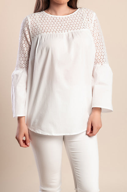 Camicetta in cotone con pizzo, bianca