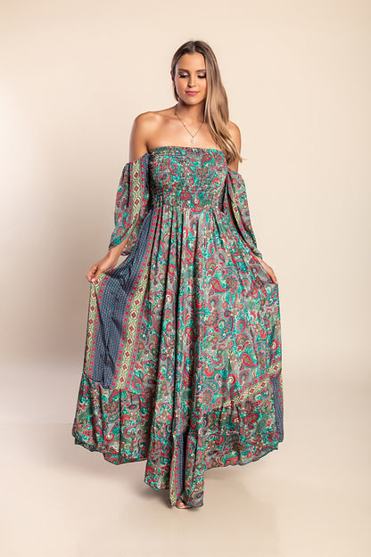 Abito maxi con stampa, multicolore
