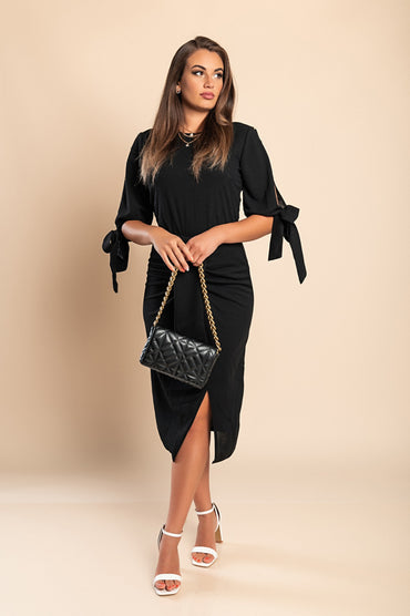 Abito elegante midi con scollo rotondo, maniche 3/4 con spacco e perline decorative Peppina, nero