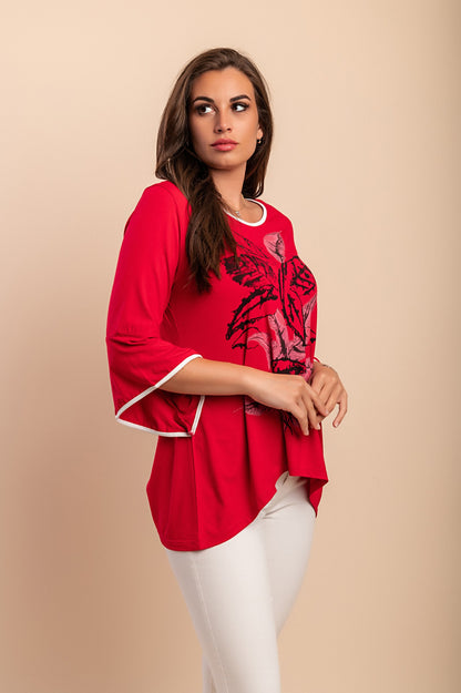 Top stampato con maniche a 3/4, blu