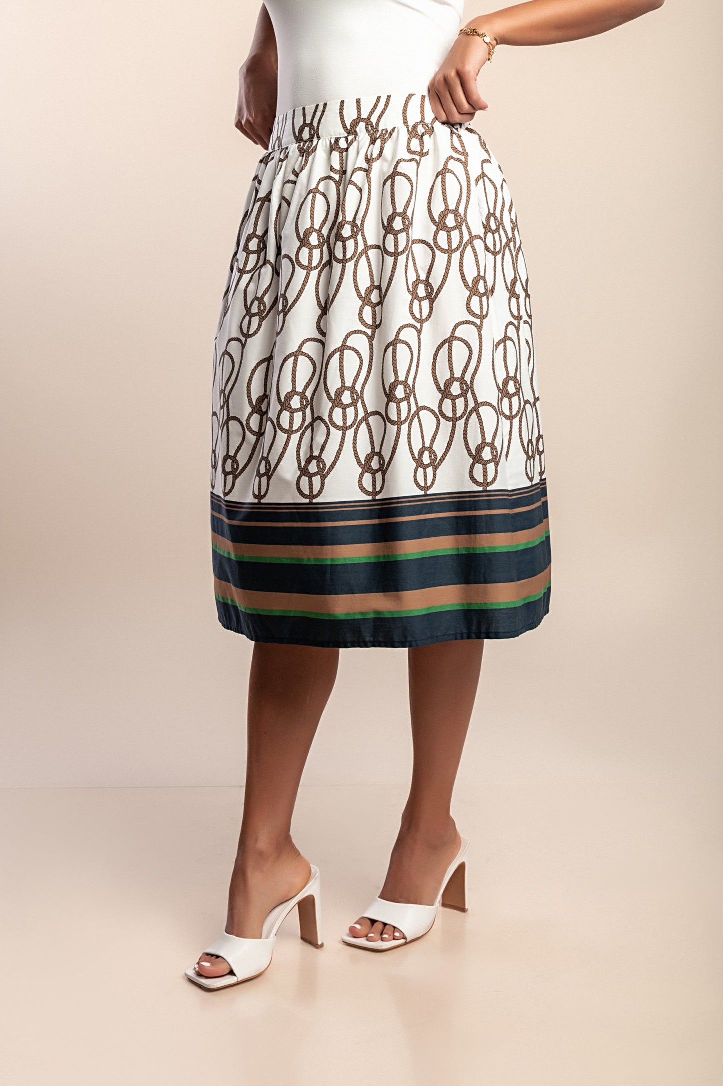 Gonna midi in cotone con stampa, bianca