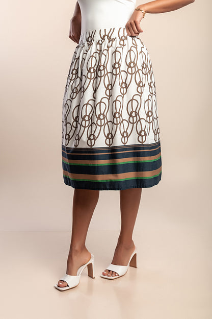 Gonna midi in cotone con stampa, bianca