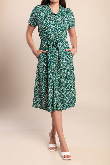Abito midi con stampa floreale, verde