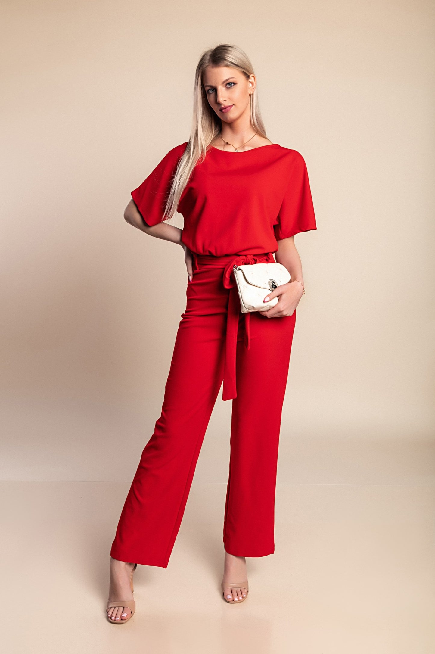 Tuta fashion con pantaloni lunghi ampi e maniche corte  Nelia, albicocca