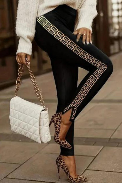 Eleganti leggings in ecopelle con pizzo Margaretta, nero
