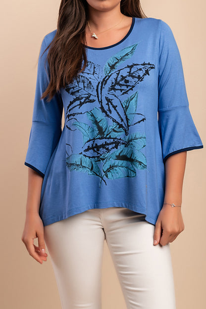 Top stampato con maniche a 3/4, blu