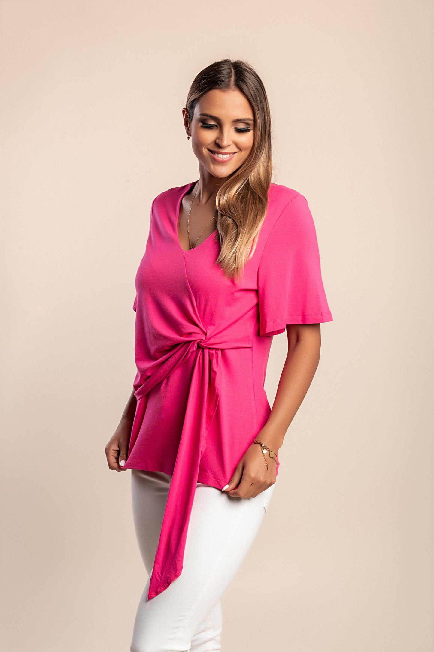 Maglietta con nodo decorativo, rosa