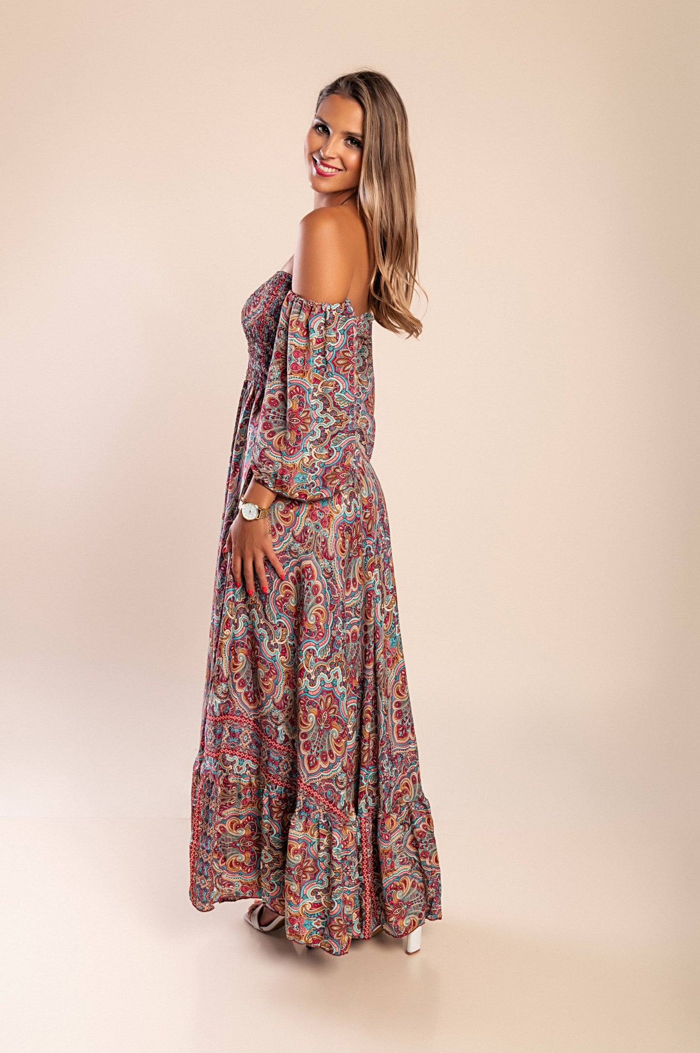 Abito maxi con stampa, multicolore