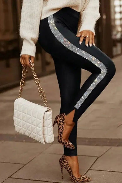 Eleganti leggings in ecopelle con pizzo Margaretta, nero