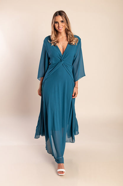 Abito lungo con scollo a V, verde scuro