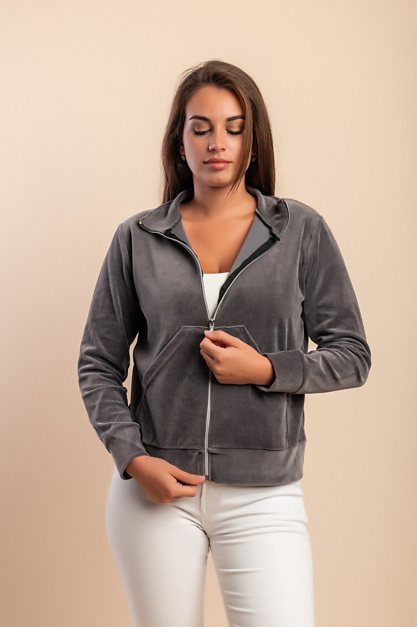 Felpa con zip in cotone e velluto sintetico, grigio