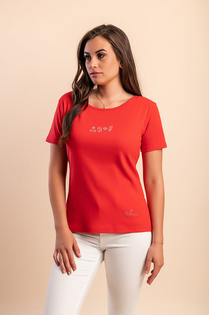T-shirt in cotone con scollo rotondo, rossa