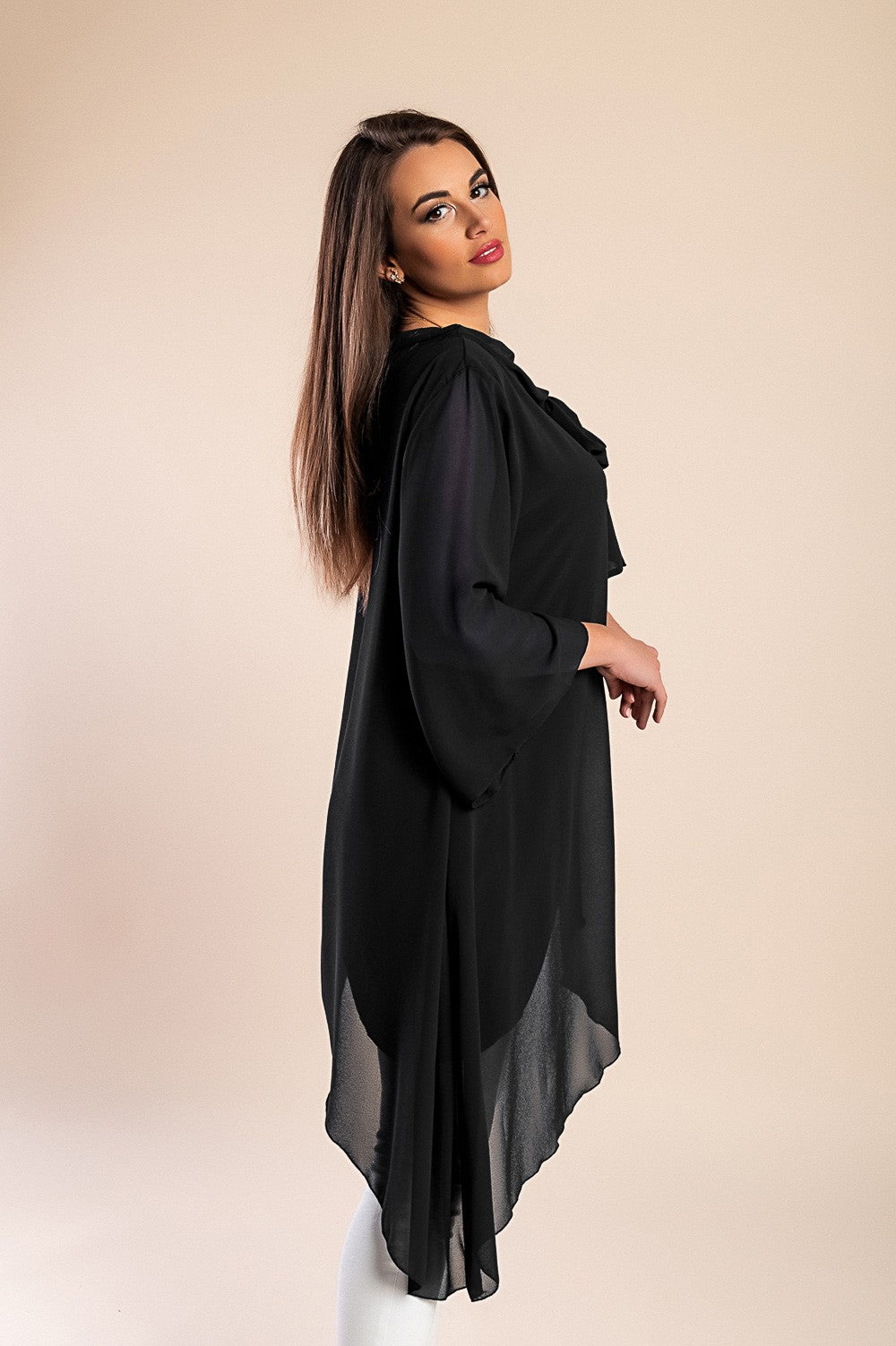 Elegante tunica in tessuto semitrasparente con fiocco decorativo  Ginette, verde scuro