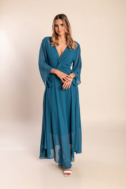 Abito lungo con scollo a V, verde scuro