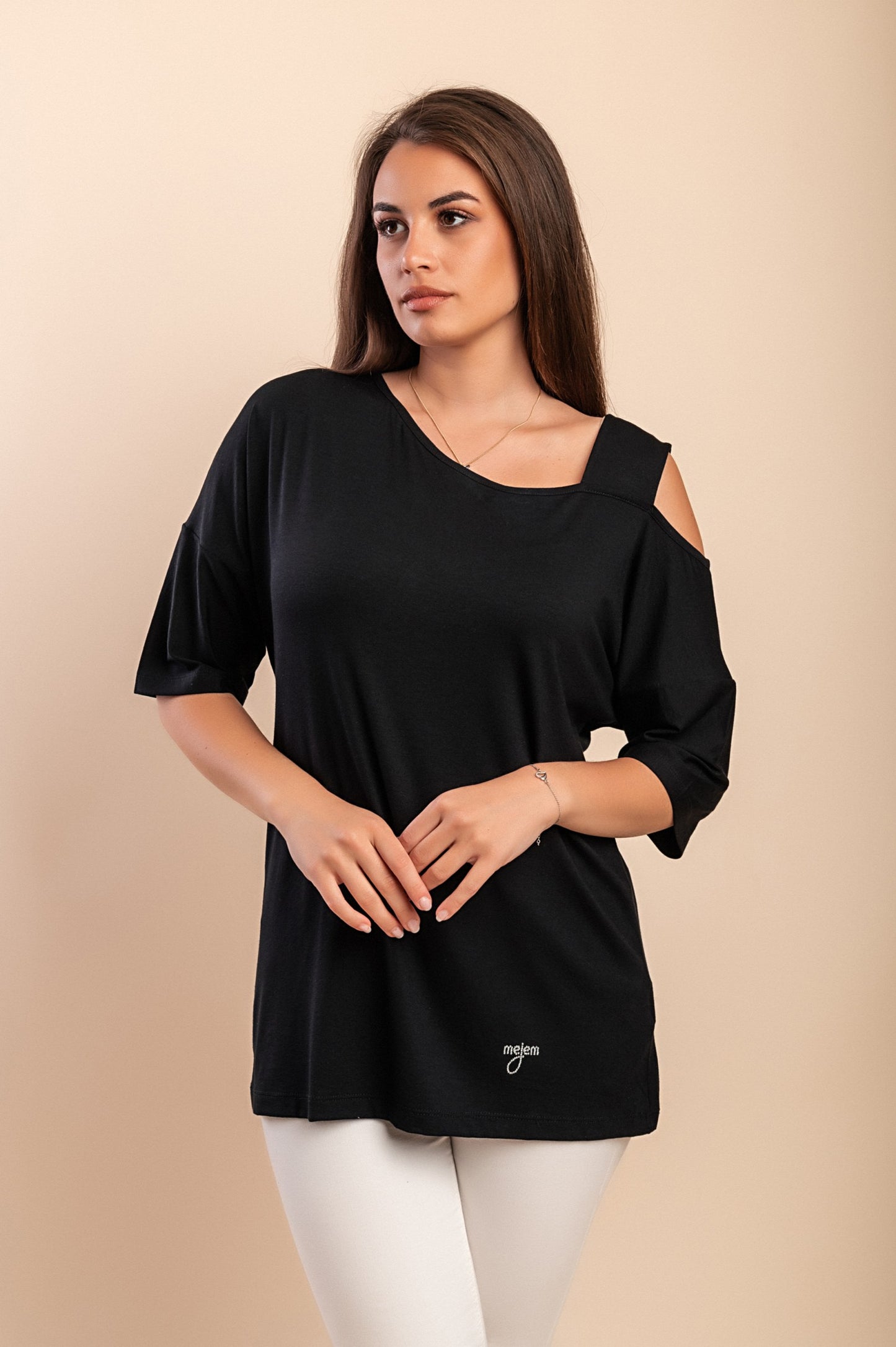 T-shirt con scollo asimmetrico, blu scuro