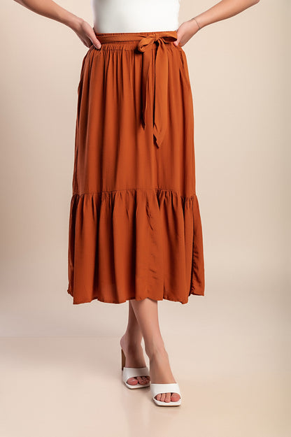 Gonna midi con cintura, marrone