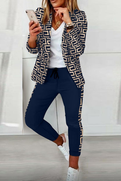 Completo pantalone con blazer elegante con stampa geometrica Nunzia, beige