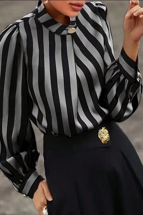 Elegante camicetta con stampa a righe, beige/nero