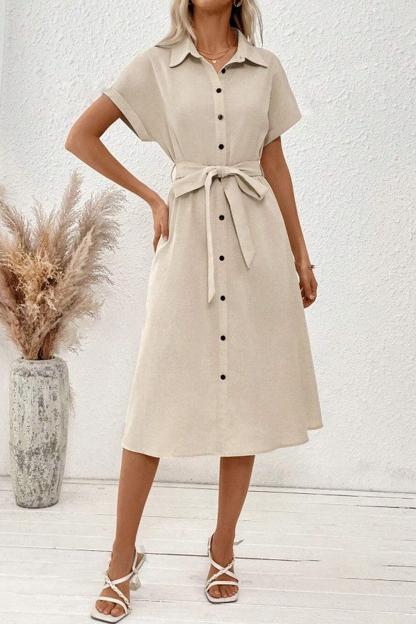 Abito midi in lino con bottoni, beige