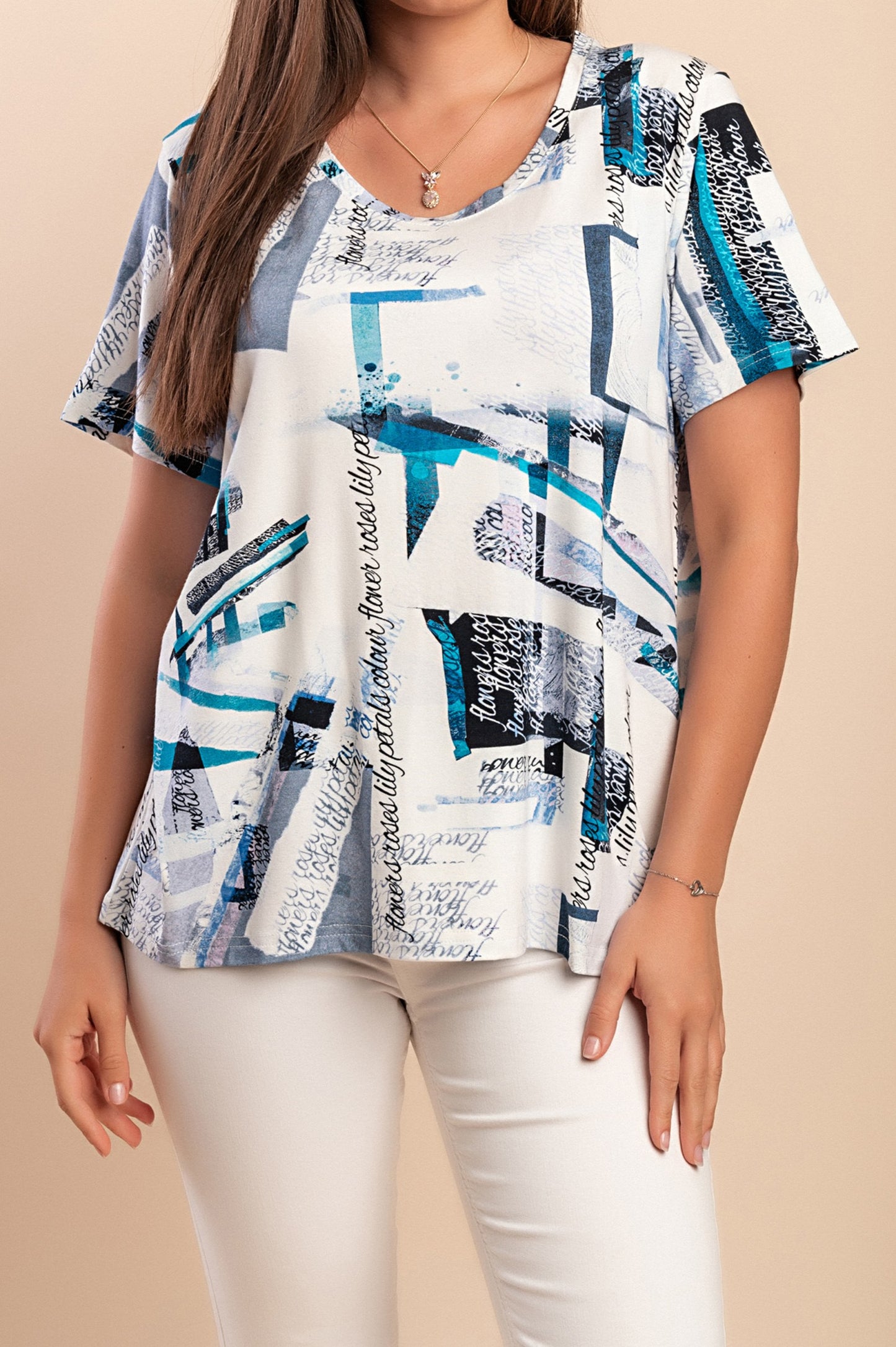 T-shirt in viscosa con stampa a righe, azzurra