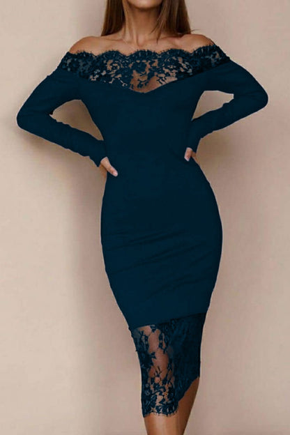 Abito elegante midi a maniche lunghe con dettaglio in pizzo trasparente Avignon, nero