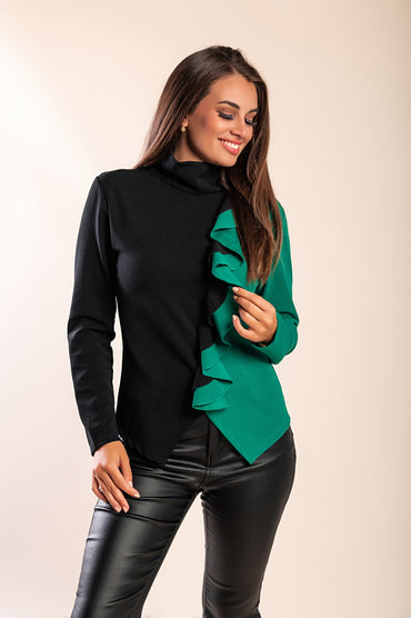 Top con volant, nero e verde
