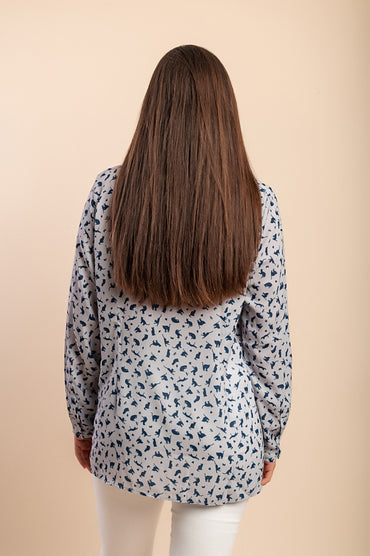 Blusa stampata taglie forti, azzurra
