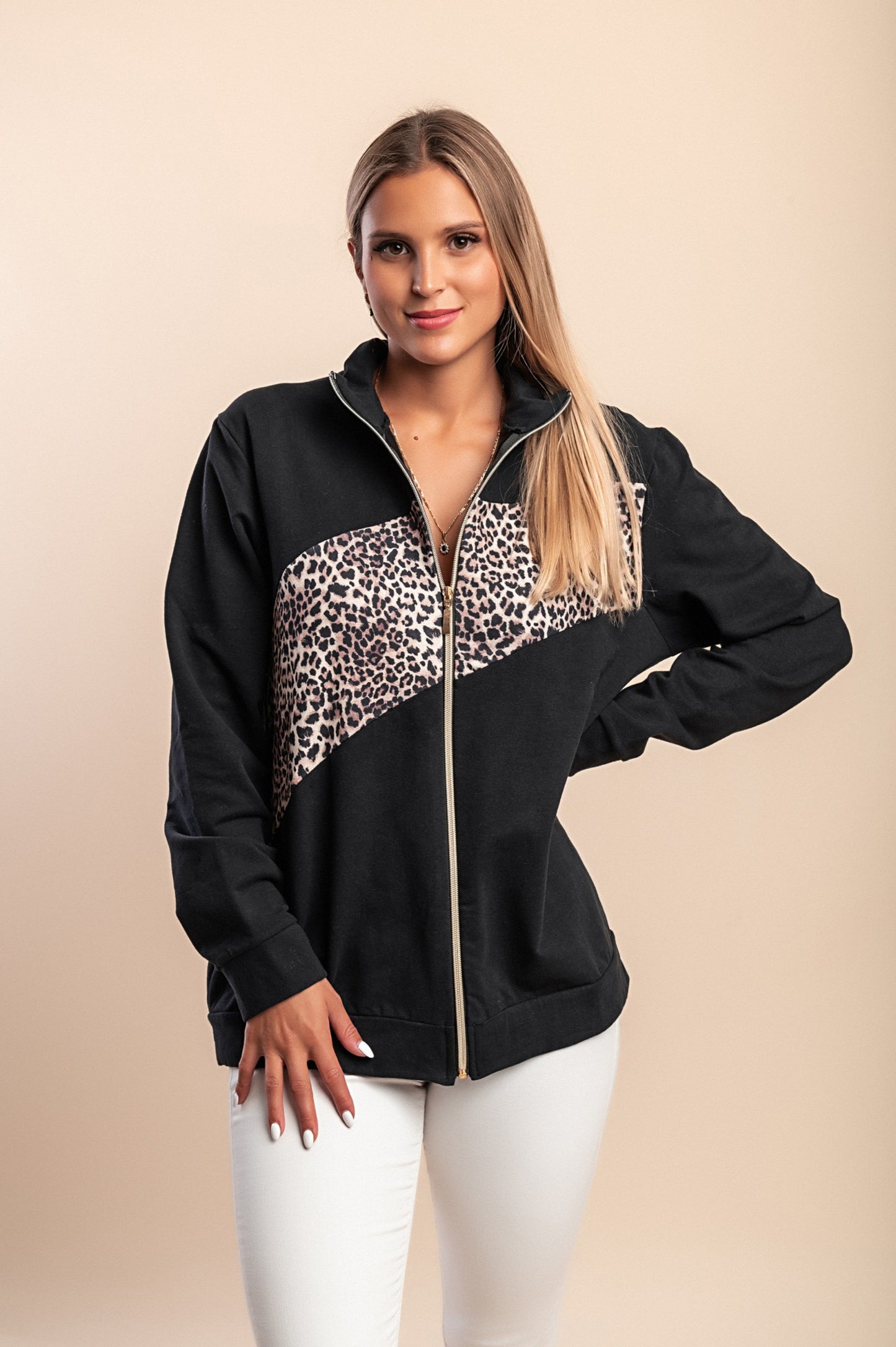 Felpa con zip in cotone, nera