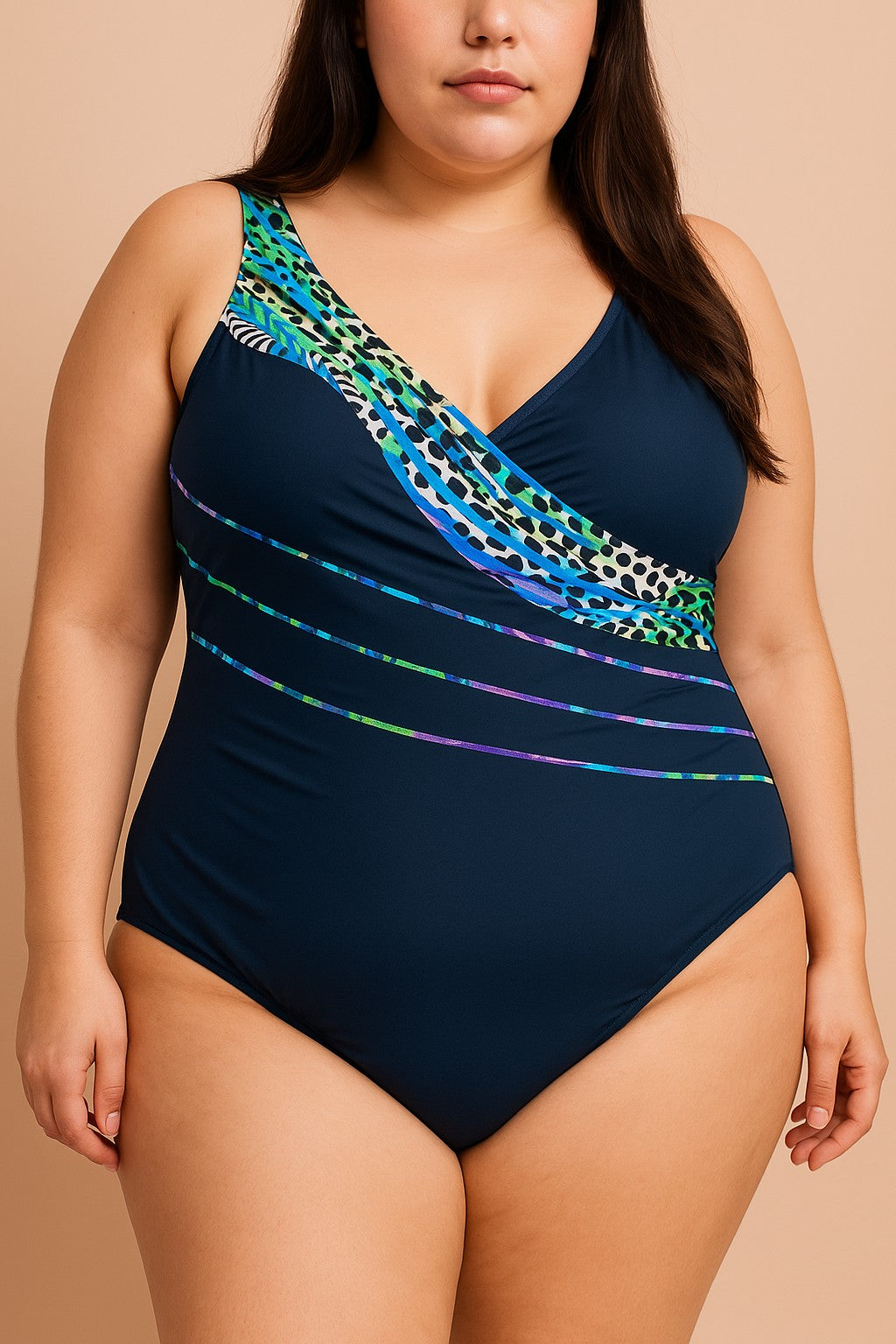 Costume da bagno stampato taglie forti, blu